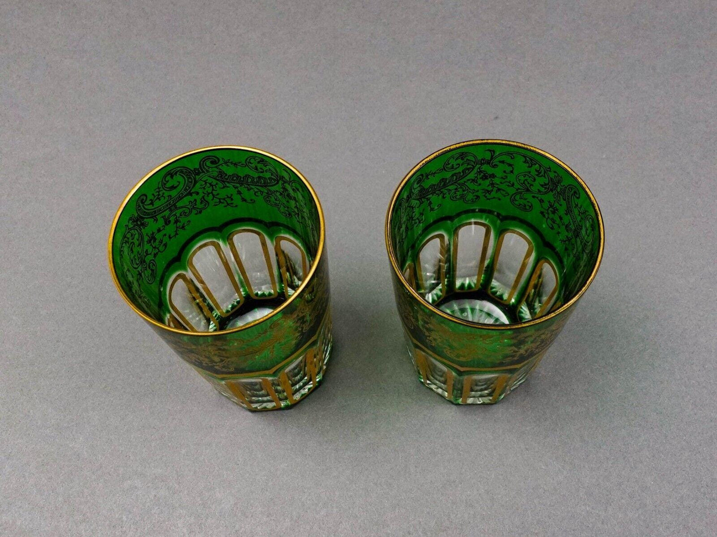 Saint St Louis Crystal France Rabat Green Gold Gilded Tea Tumbles Glass Set Of 2