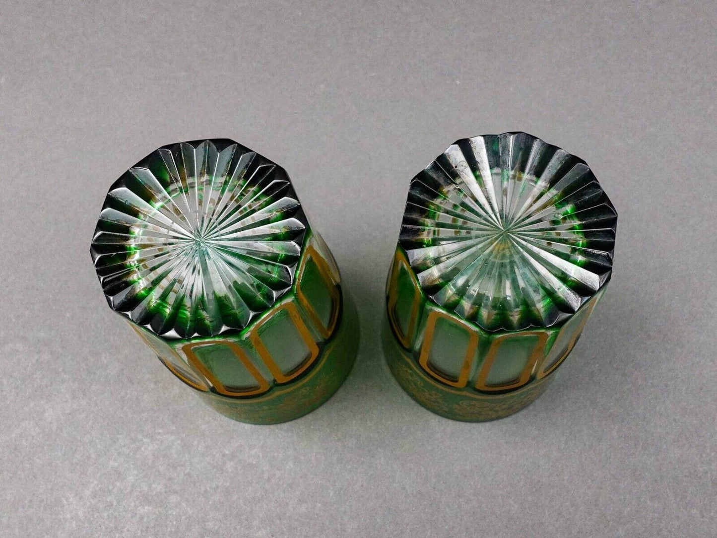 Saint St Louis Crystal France Rabat Green Gold Gilded Tea Tumbles Glass Set Of 2