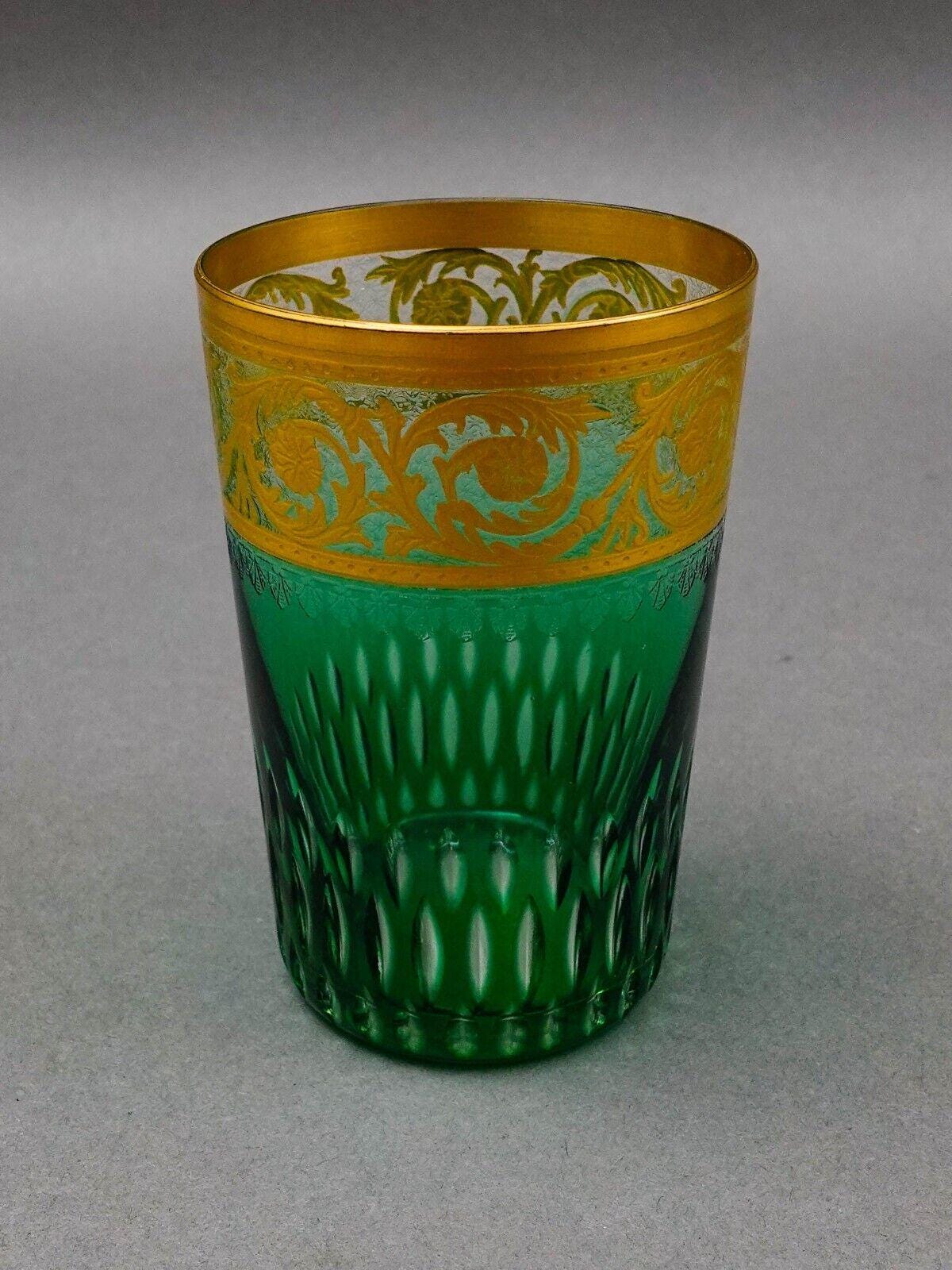 St Louis Crystal France Thistle Green & Gold Encrusted Tumbler Glass