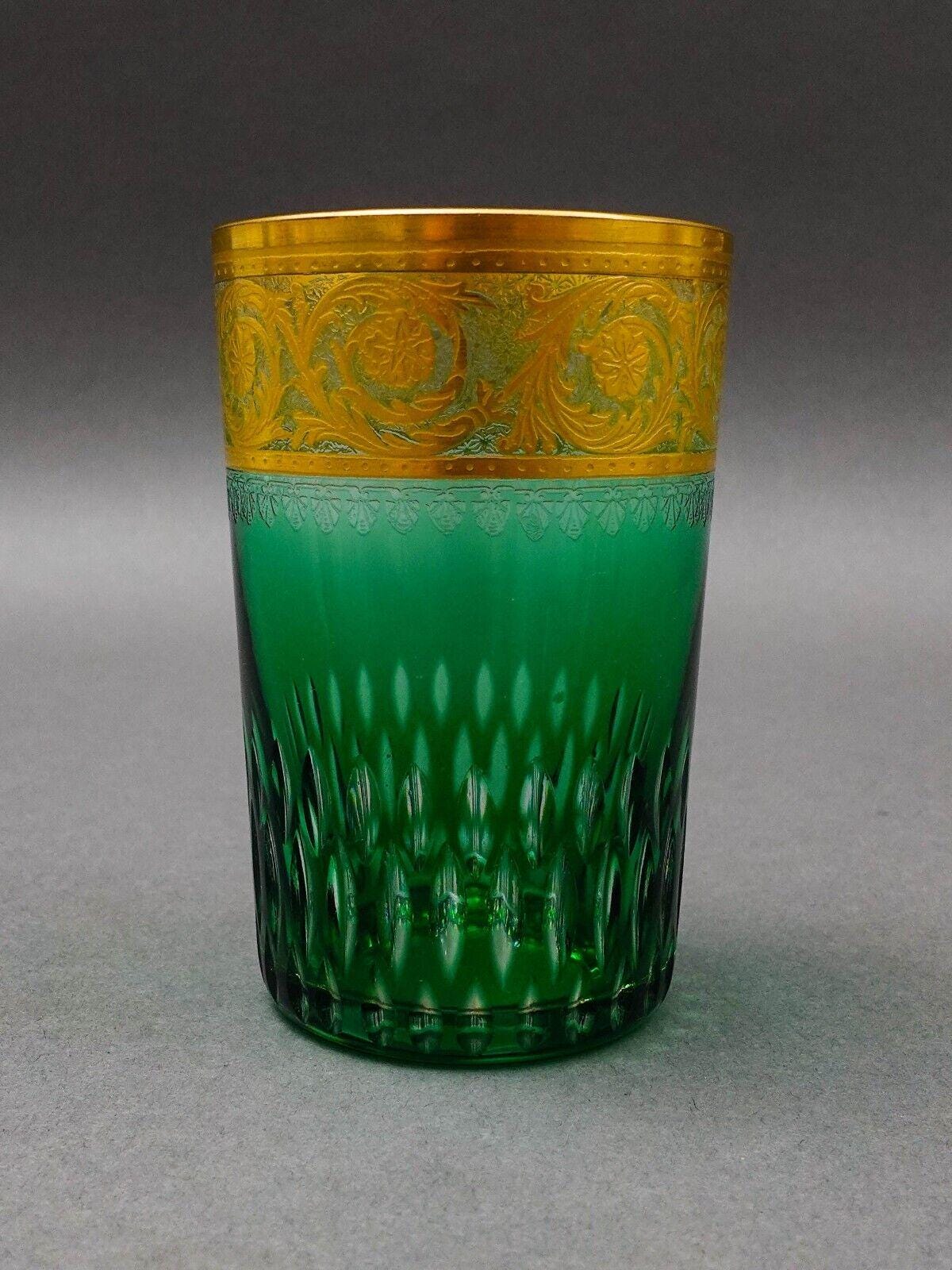 St Louis Crystal France Thistle Green & Gold Encrusted Tumbler Glass