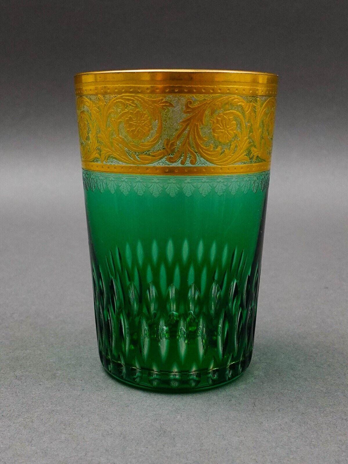 St Louis Crystal France Thistle Green & Gold Encrusted Tumbler Glass