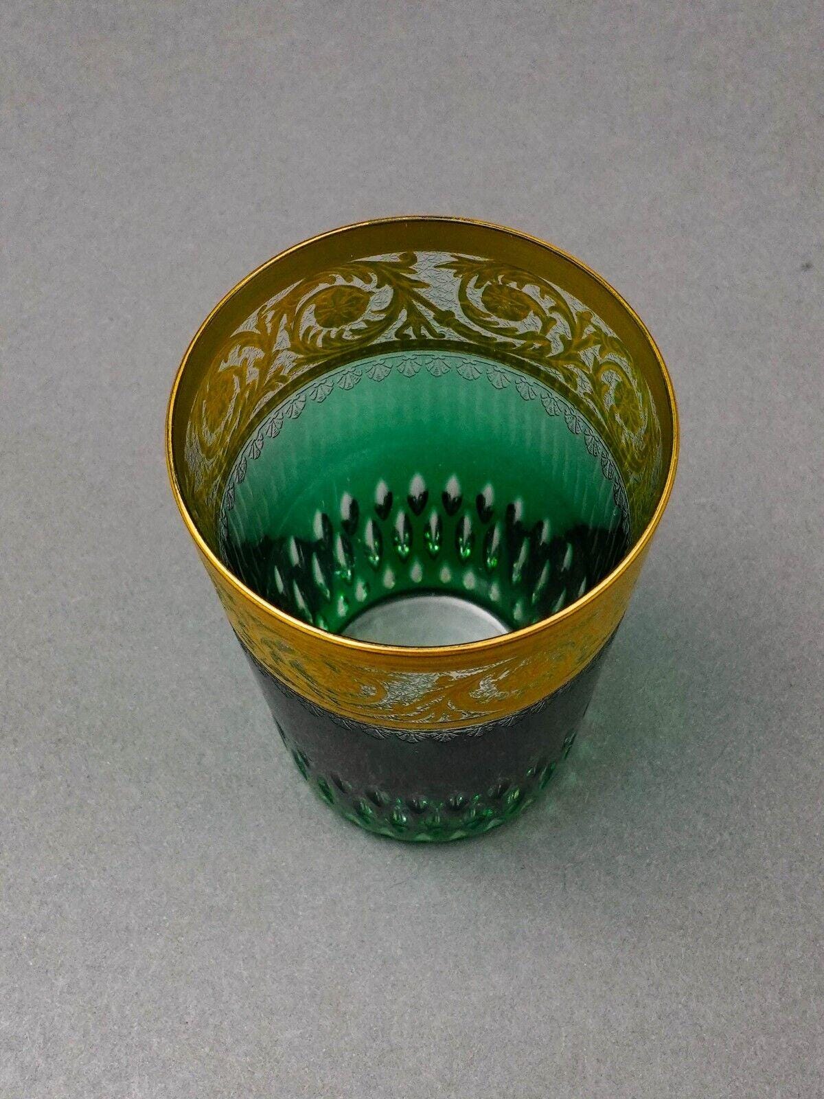 St Louis Crystal France Thistle Green & Gold Encrusted Tumbler Glass
