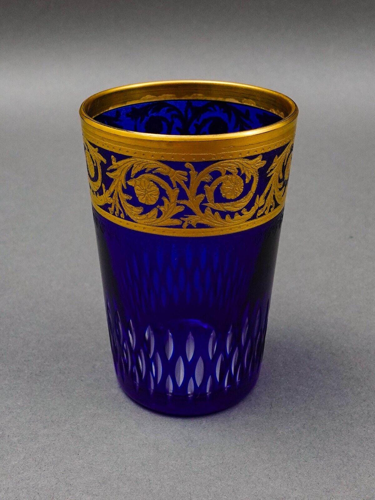 Saint St Louis Crystal France Thistle Blue & Gold Encrusted Tea Tumbler Glass
