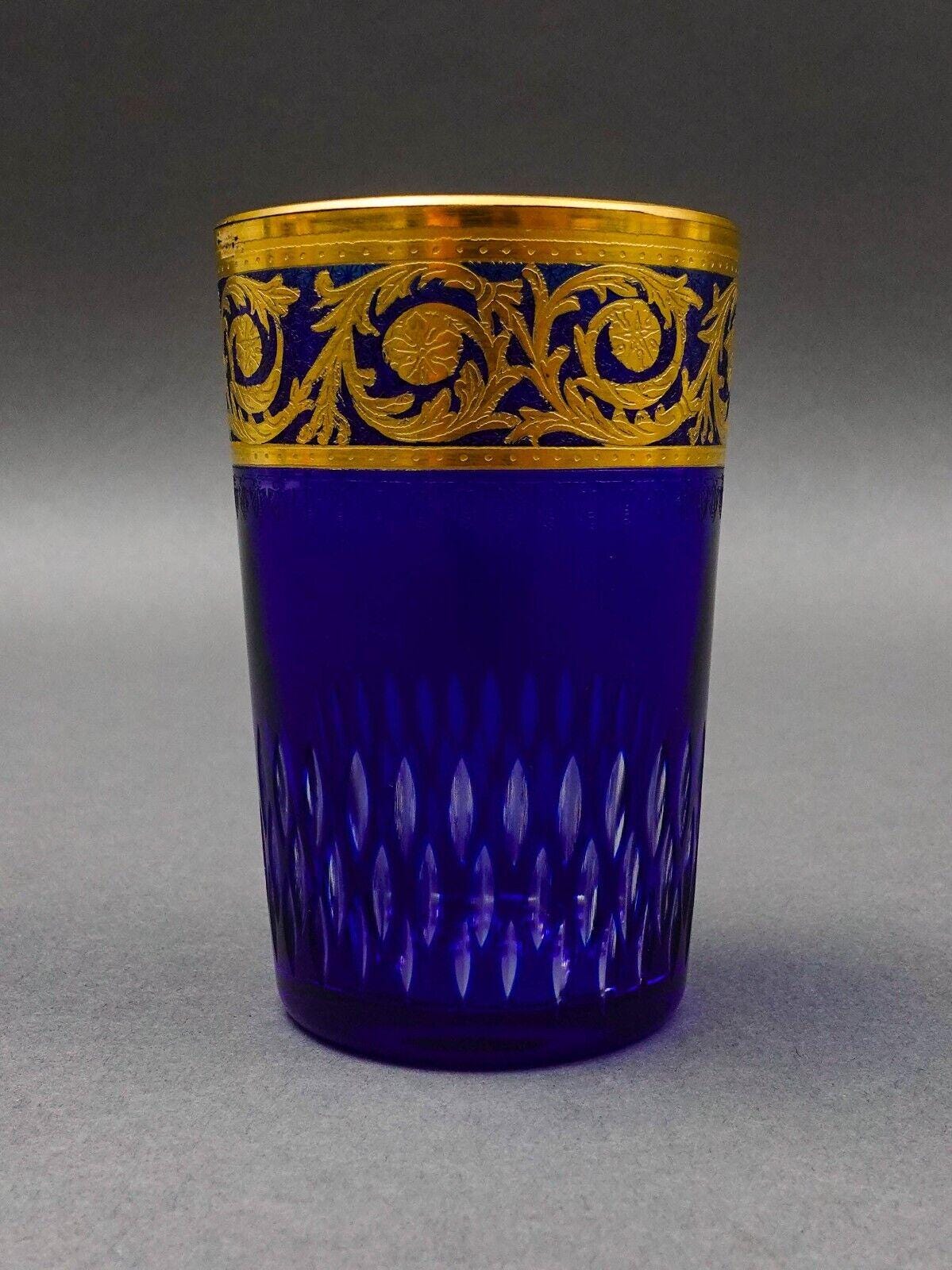 Saint St Louis Crystal France Thistle Blue & Gold Encrusted Tea Tumbler Glass