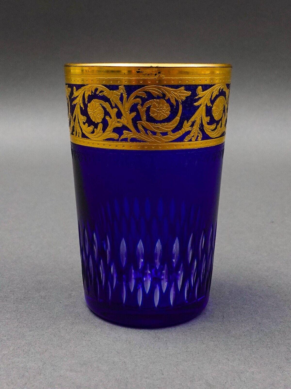 Saint St Louis Crystal France Thistle Blue & Gold Encrusted Tea Tumbler Glass
