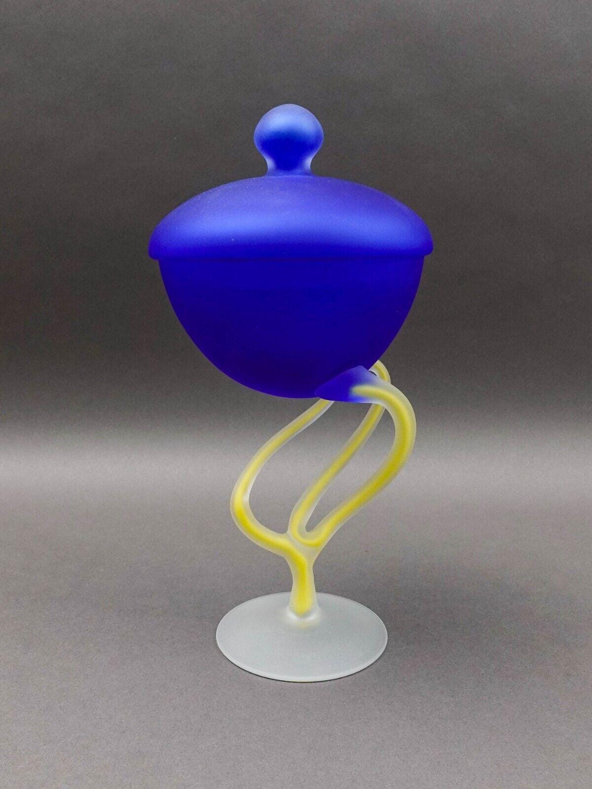 Josefina Krosno Poland Jelly Fish Blue & Yellow Art Glass Compote Bowl Sculpture
