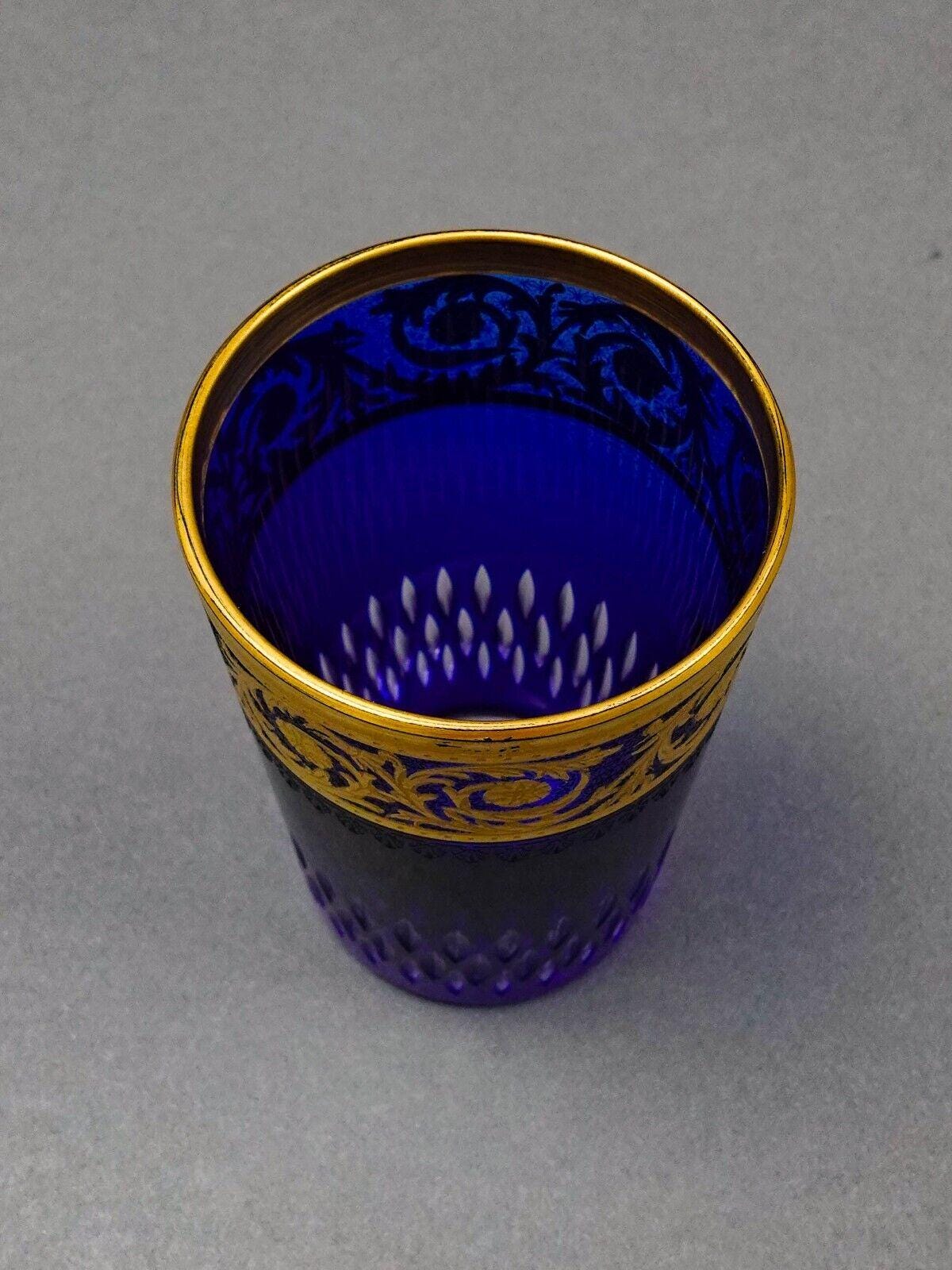 Saint St Louis Crystal France Thistle Blue & Gold Encrusted Tea Tumbler Glass