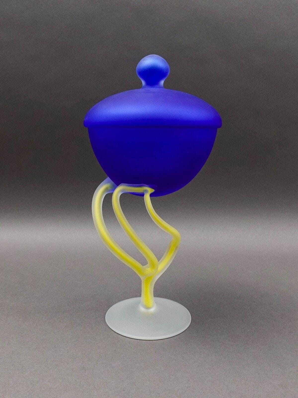 Josefina Krosno Poland Jelly Fish Blue & Yellow Art Glass Compote Bowl Sculpture