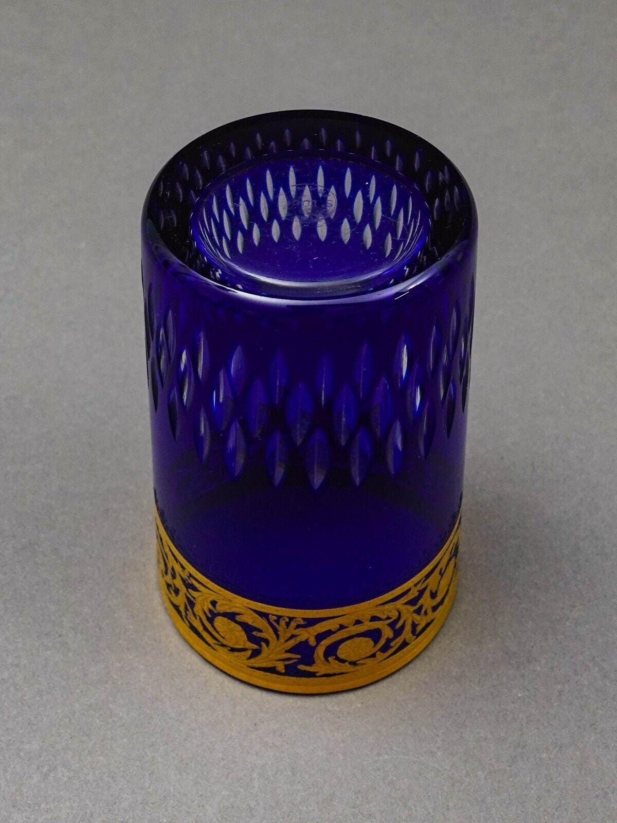 Saint St Louis Crystal France Thistle Blue & Gold Encrusted Tea Tumbler Glass