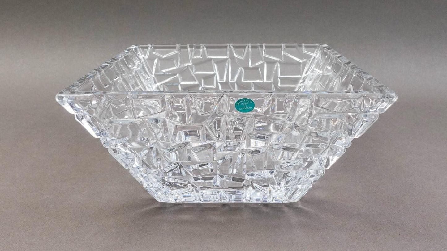 Tiffany & Co Crystal Germany Sierra Large 9" Square Art Glass Bowl With Box