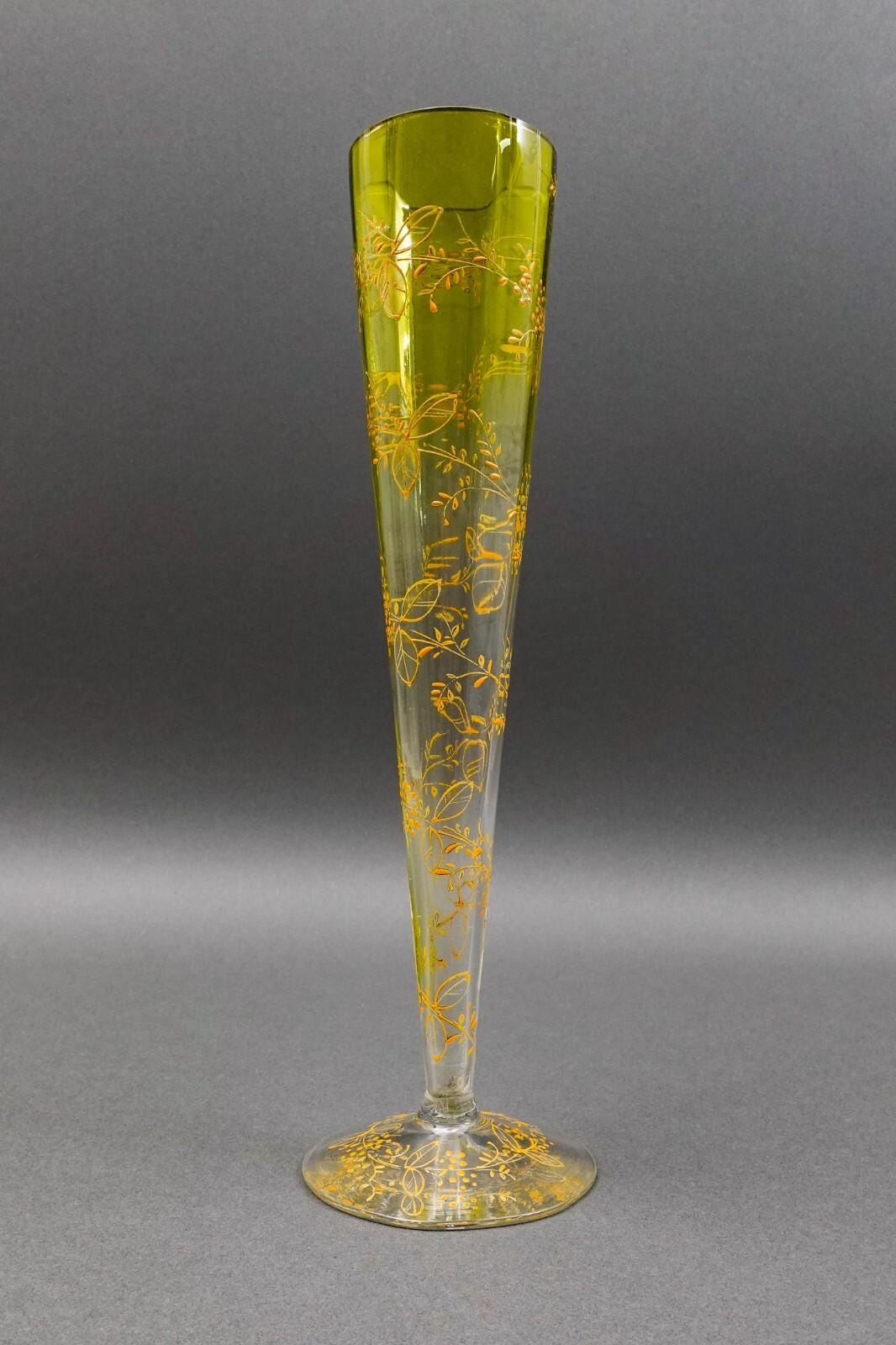 Bohemian Moser Type Floral Gold Gilt Optic Molded Art Glass Trumpet Vase 12"