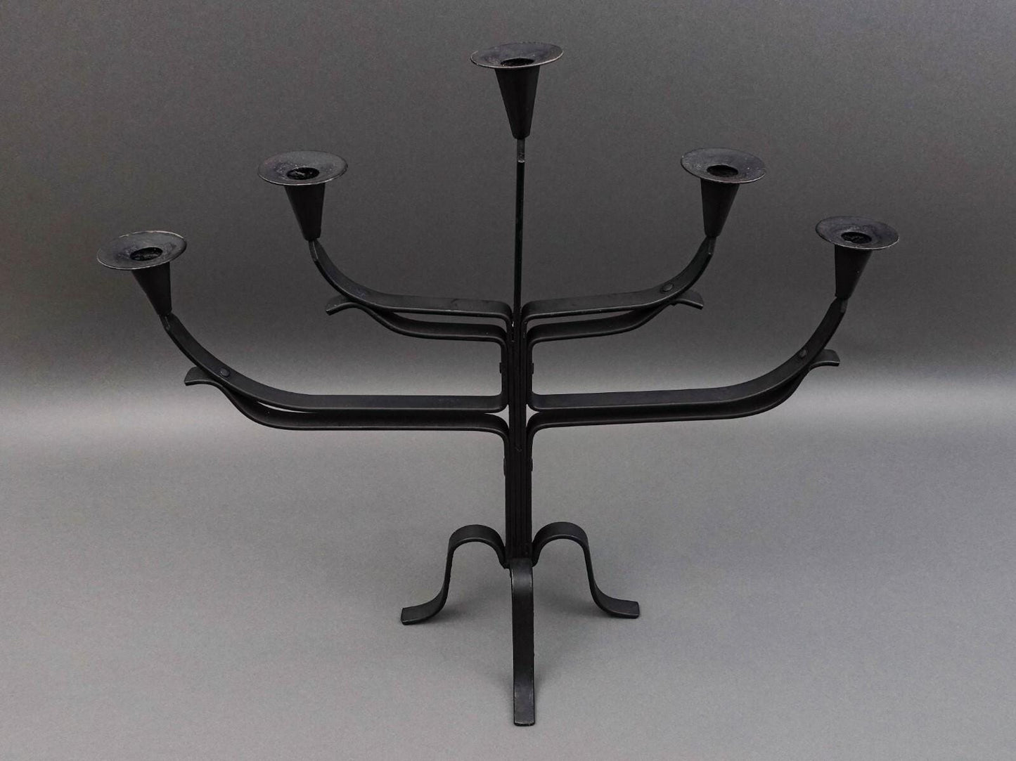 Vintage Spanish Brutalist Wrought Iron Candelabra 5 Candle Holder