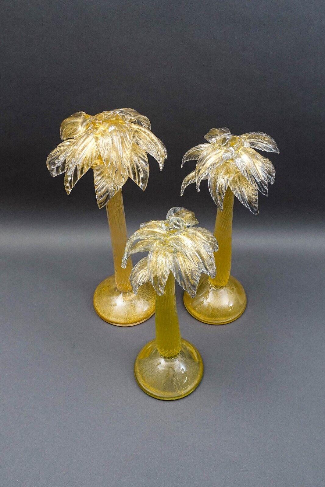 Signed Murano Italy Gold Fleck Glass Palm Tree Candlestick Candleholder Set Of 3