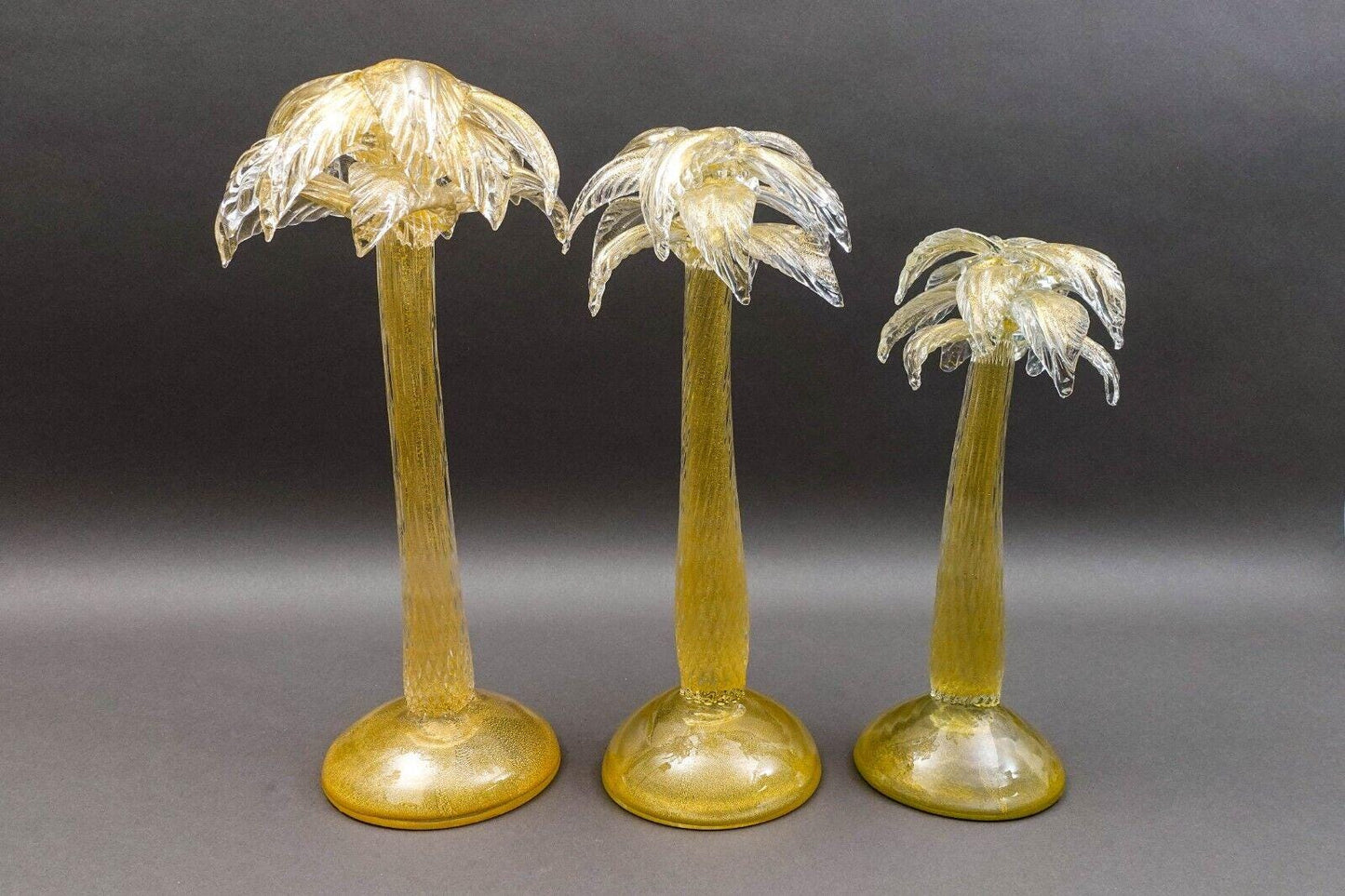 Signed Murano Italy Gold Fleck Glass Palm Tree Candlestick Candleholder Set Of 3