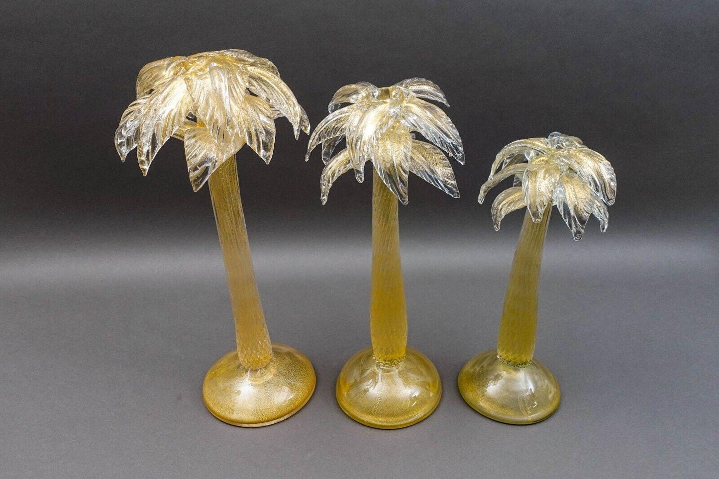 Signed Murano Italy Gold Fleck Glass Palm Tree Candlestick Candleholder Set Of 3