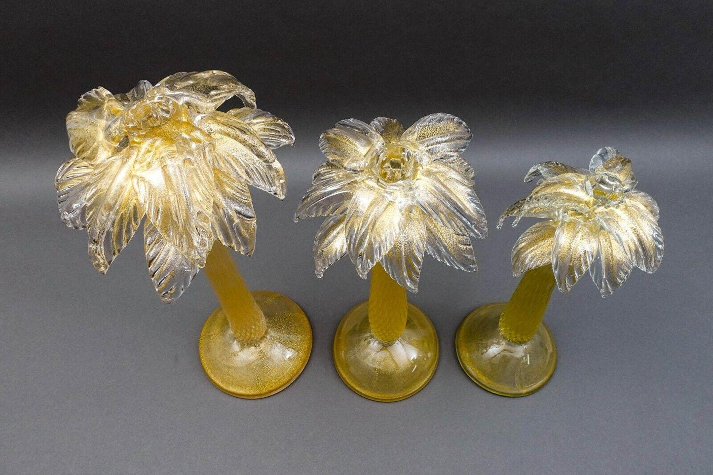 Signed Murano Italy Gold Fleck Glass Palm Tree Candlestick Candleholder Set Of 3