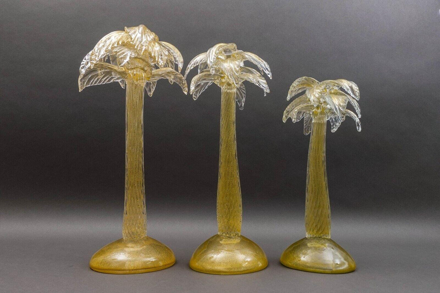 Signed Murano Italy Gold Fleck Glass Palm Tree Candlestick Candleholder Set Of 3