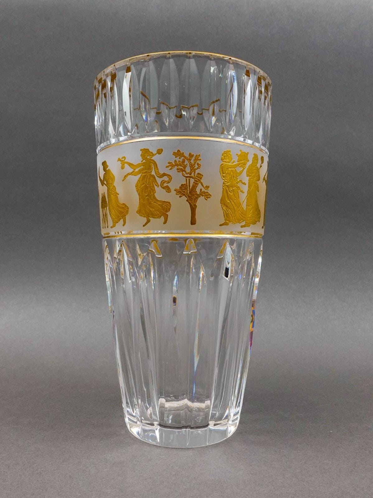Val St Lambert Signed Danse De Flore Gold Gilt Cut Crystal Vase 9"