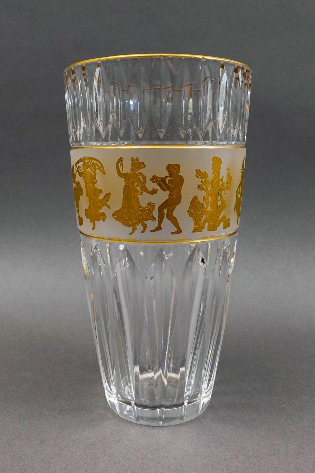 Val St Lambert Signed Danse De Flore Gold Gilt Cut Crystal Vase 9"