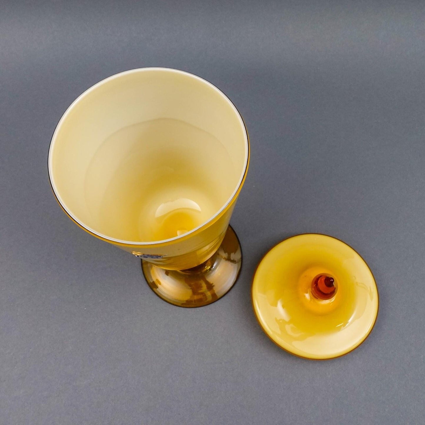Empoli Italy For KB MCM Amber Cased Art Glass Lidded Apothecary Jar 13 1/2"