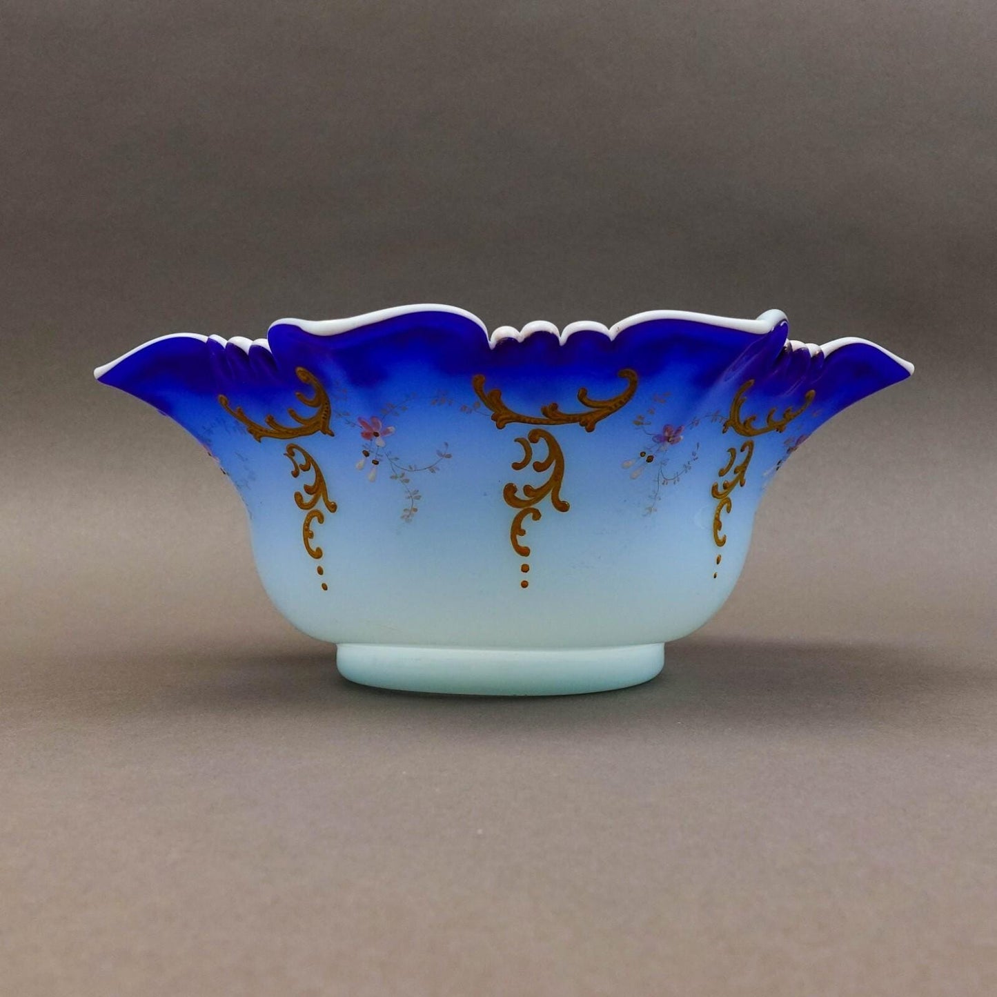 Victorian Blue Satin Hand Painted Gold Gilt Floral Art Glass Brides Bowl 10 1/2"