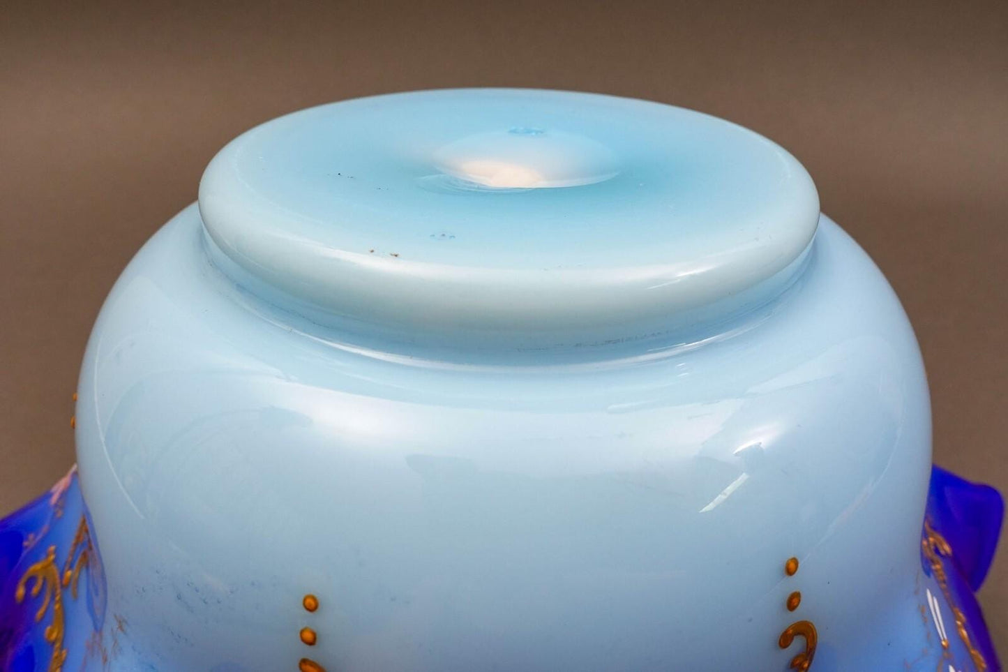 Victorian Blue Satin Hand Painted Gold Gilt Floral Art Glass Brides Bowl 10 1/2"