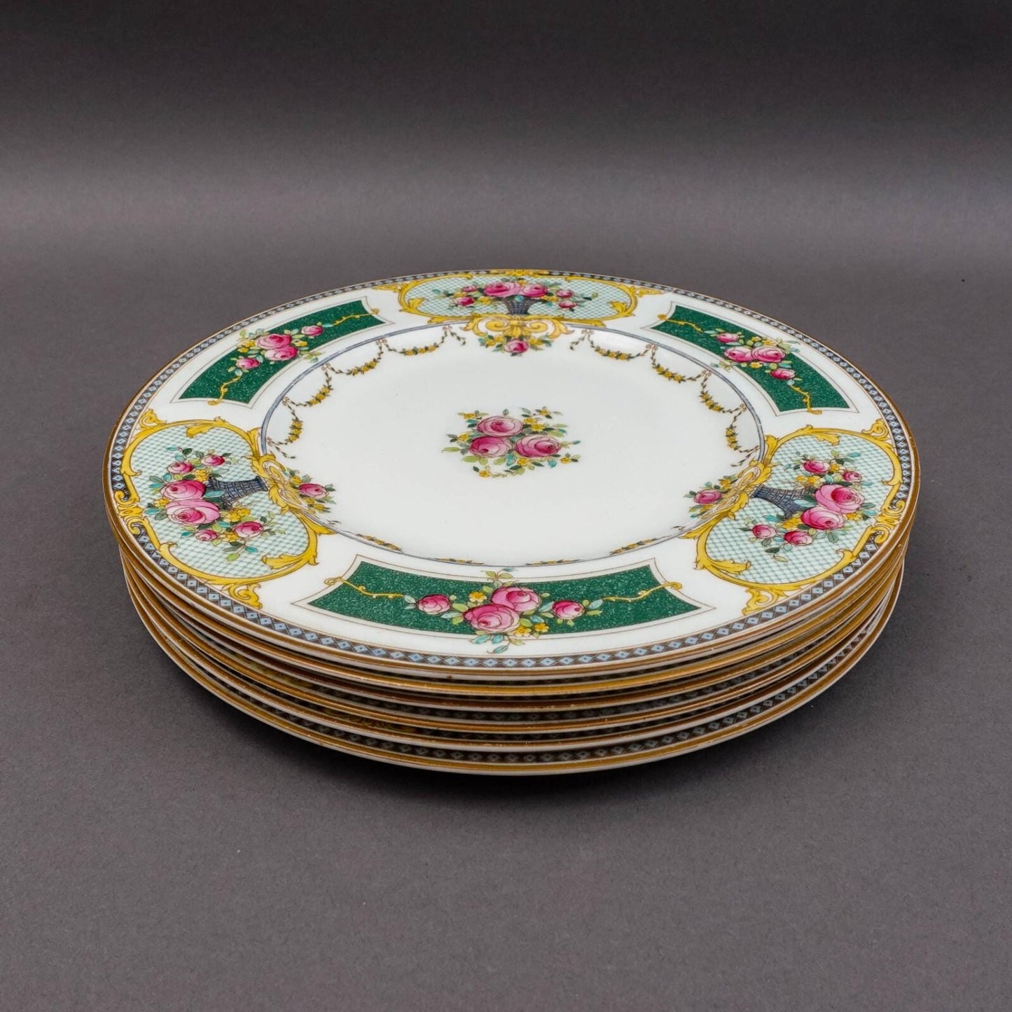 Royal Worcester C2115 Green Pink Roses Porcelain Dinner Plates Set Of 6 (Read)