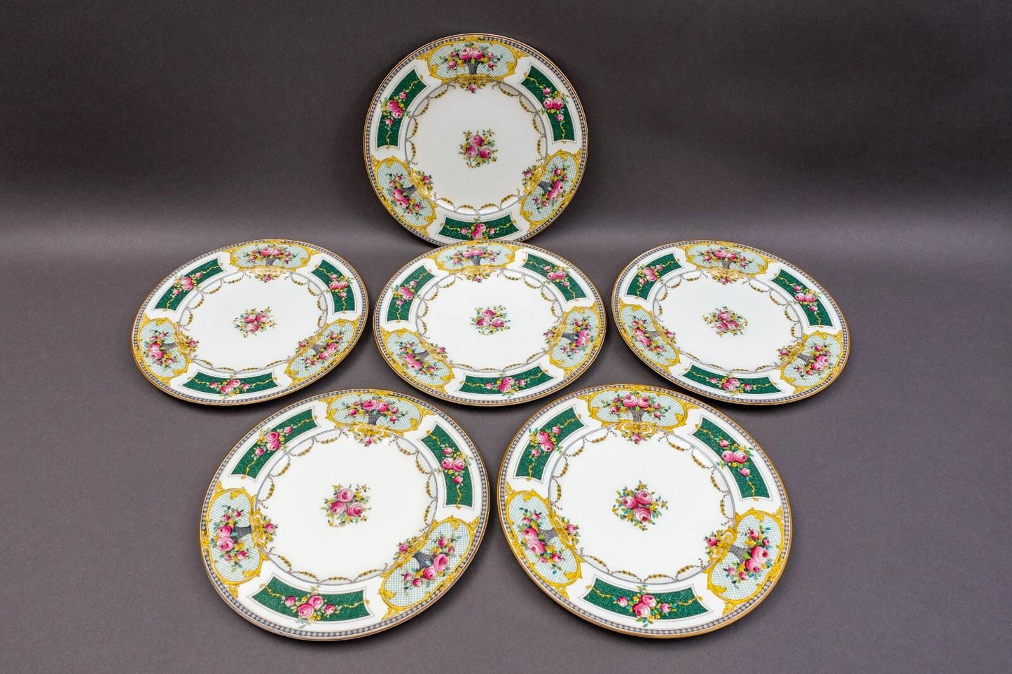 Royal Worcester C2115 Green Pink Roses Porcelain Dinner Plates Set Of 6 (Read)