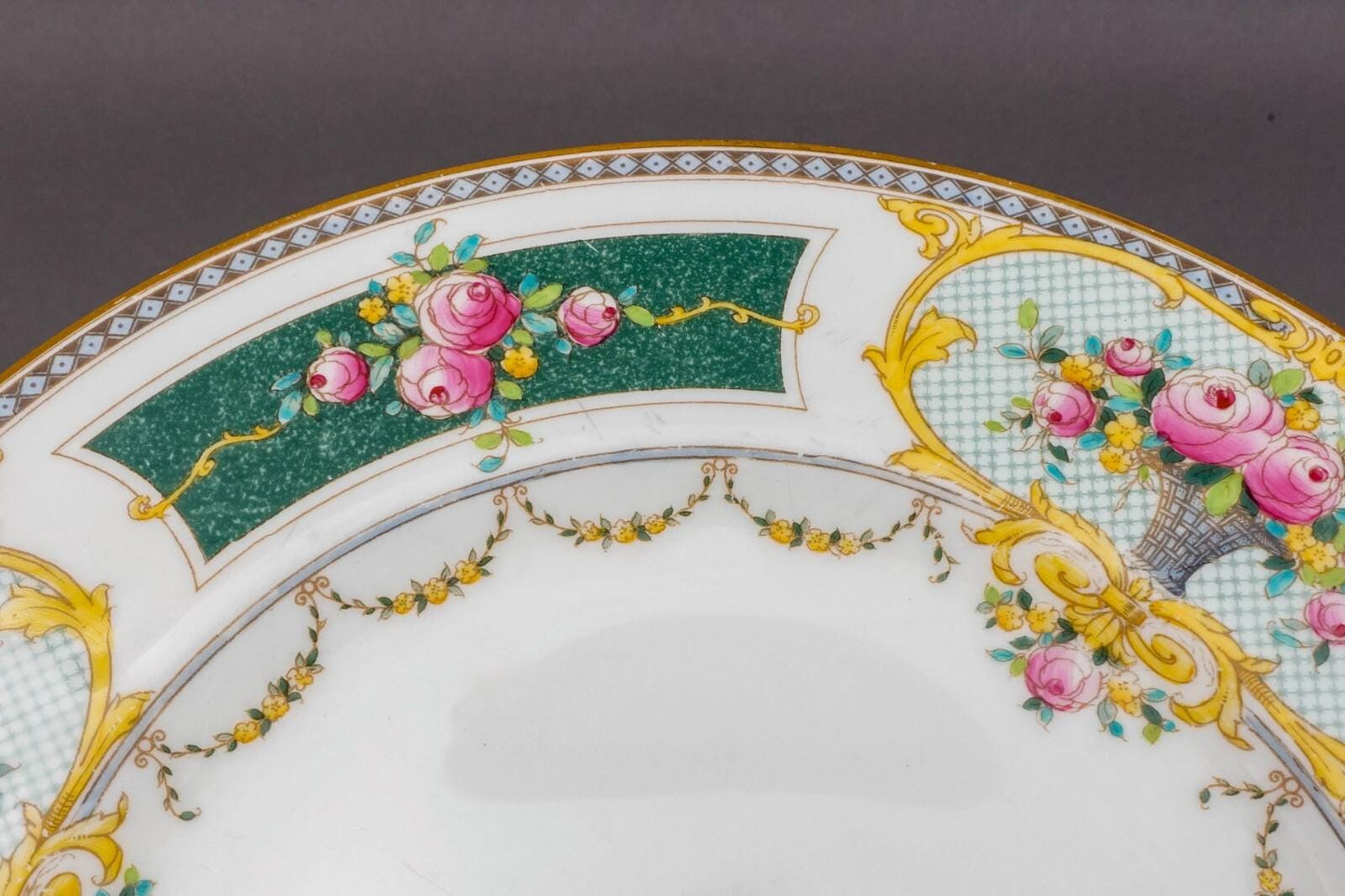 Royal Worcester C2115 Green Pink Roses Porcelain Dinner Plates Set Of 6 (Read)
