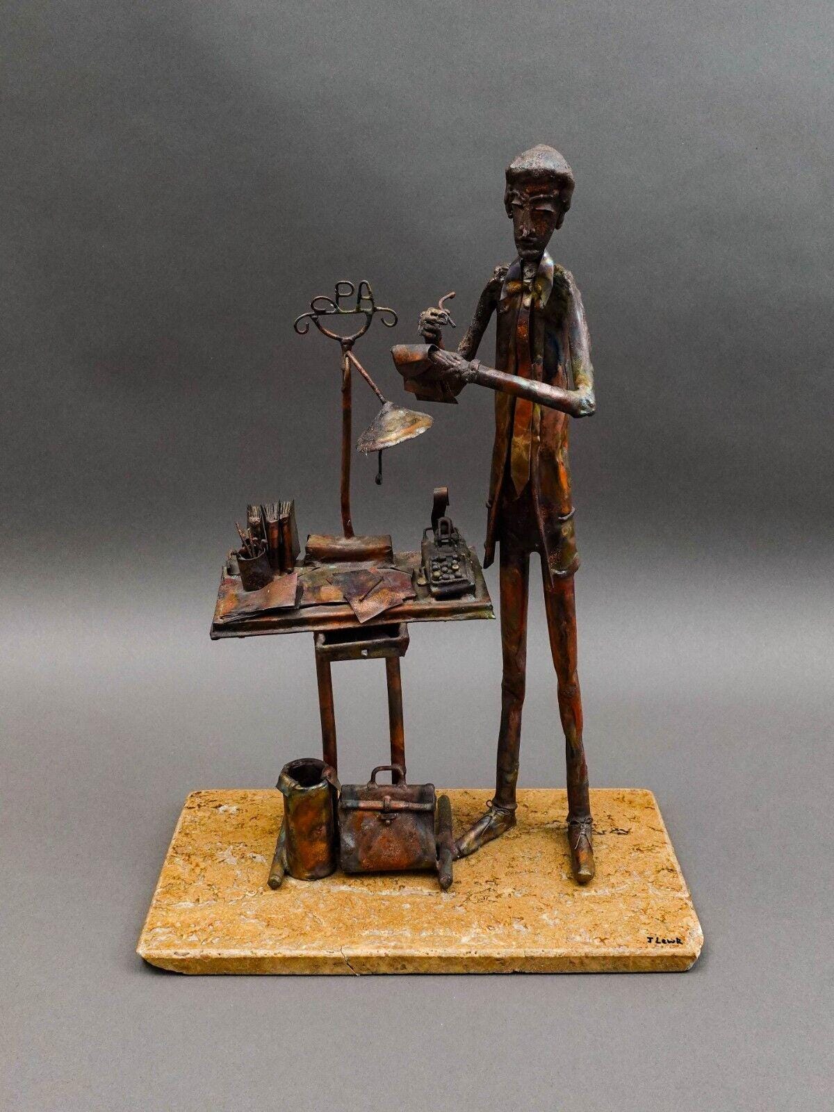 Jim Lewk Signed Brutalist CPA Copper Art Sculpture W/ Marble Base 16.25" (Read)