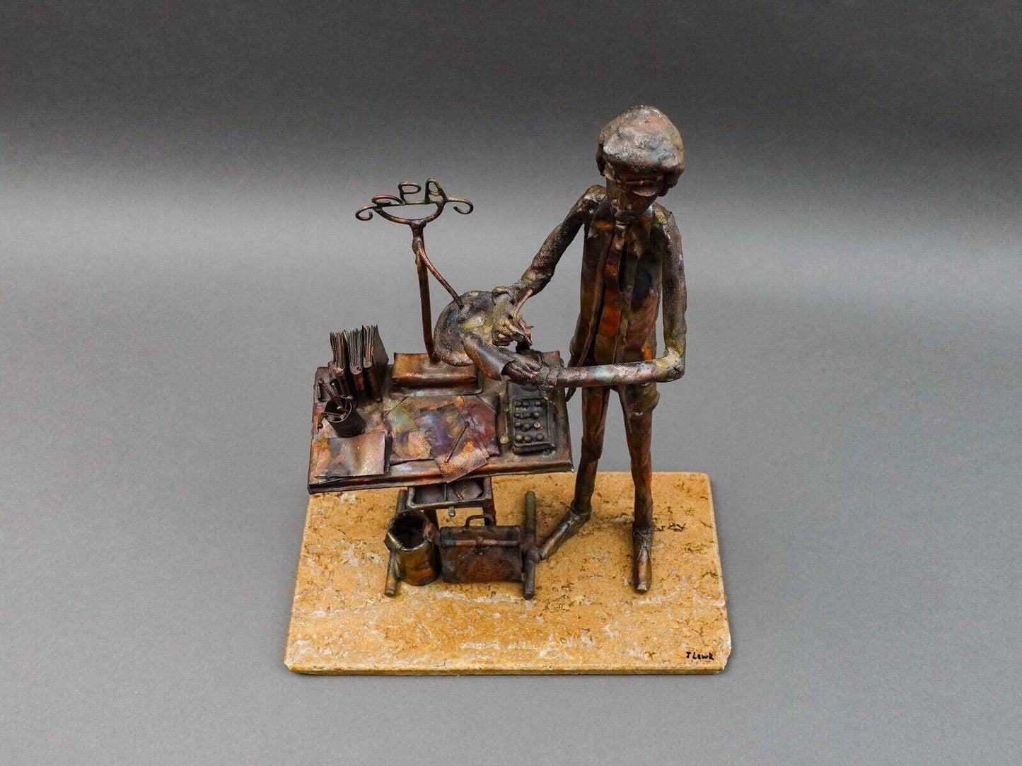 Jim Lewk Signed Brutalist CPA Copper Art Sculpture W/ Marble Base 16.25" (Read)