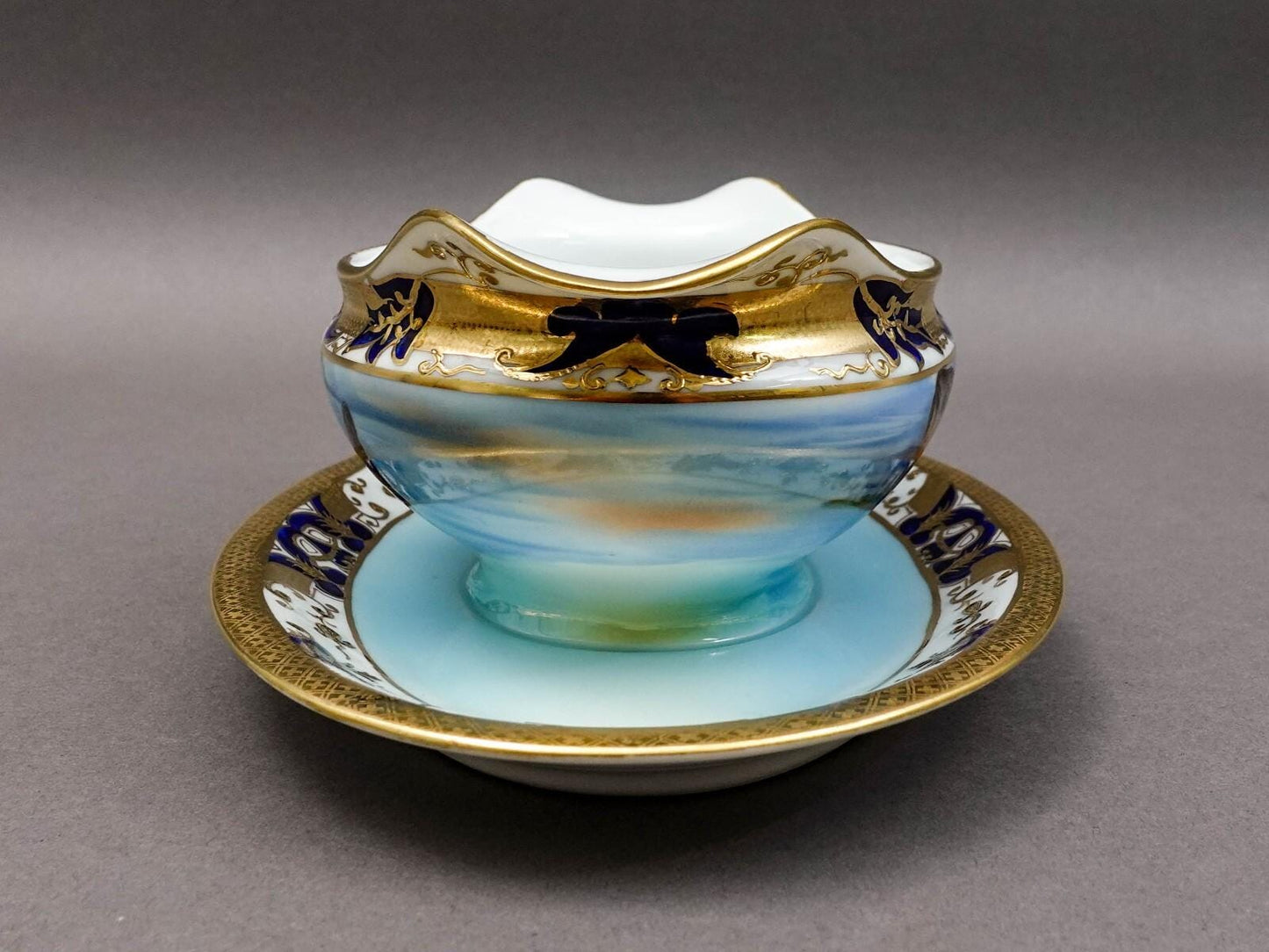 Noritake Japan Hand Painted Fish Trout Gravy Sauce Boat & Attached Underplate