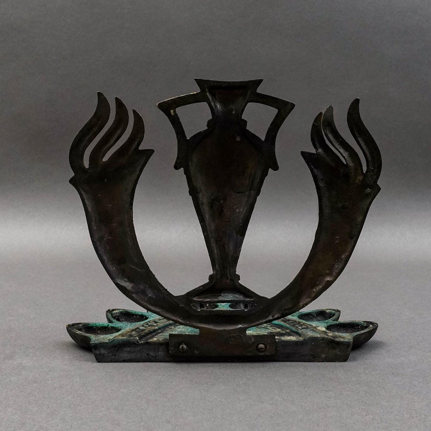 Israel Mid Century Brass Verdigris Patina Hanukkah Menorah Oil Lamp