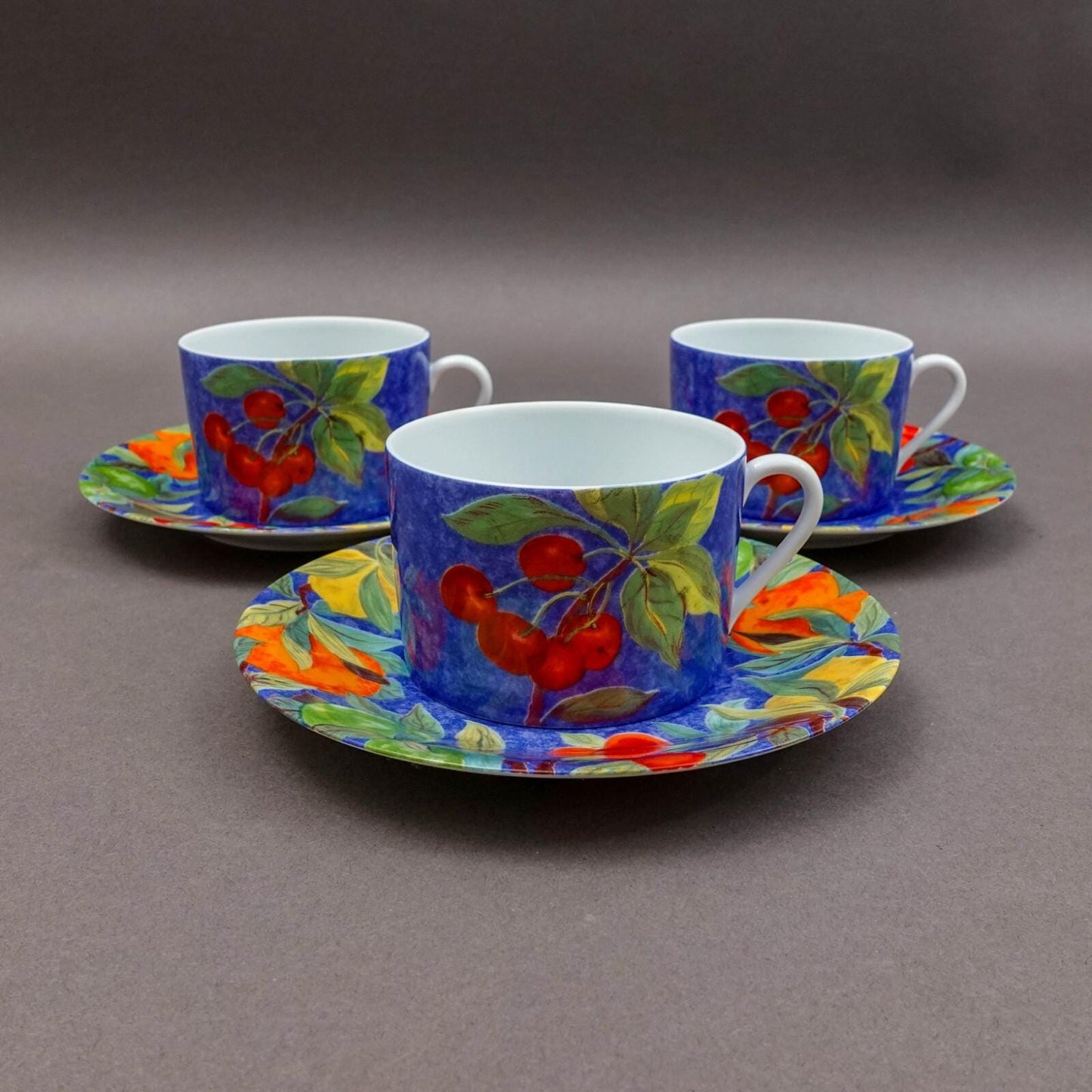 Laure Japy Paris Limoges France Jardin Bleu Fruit Flat Cup & Saucer Set Of 3