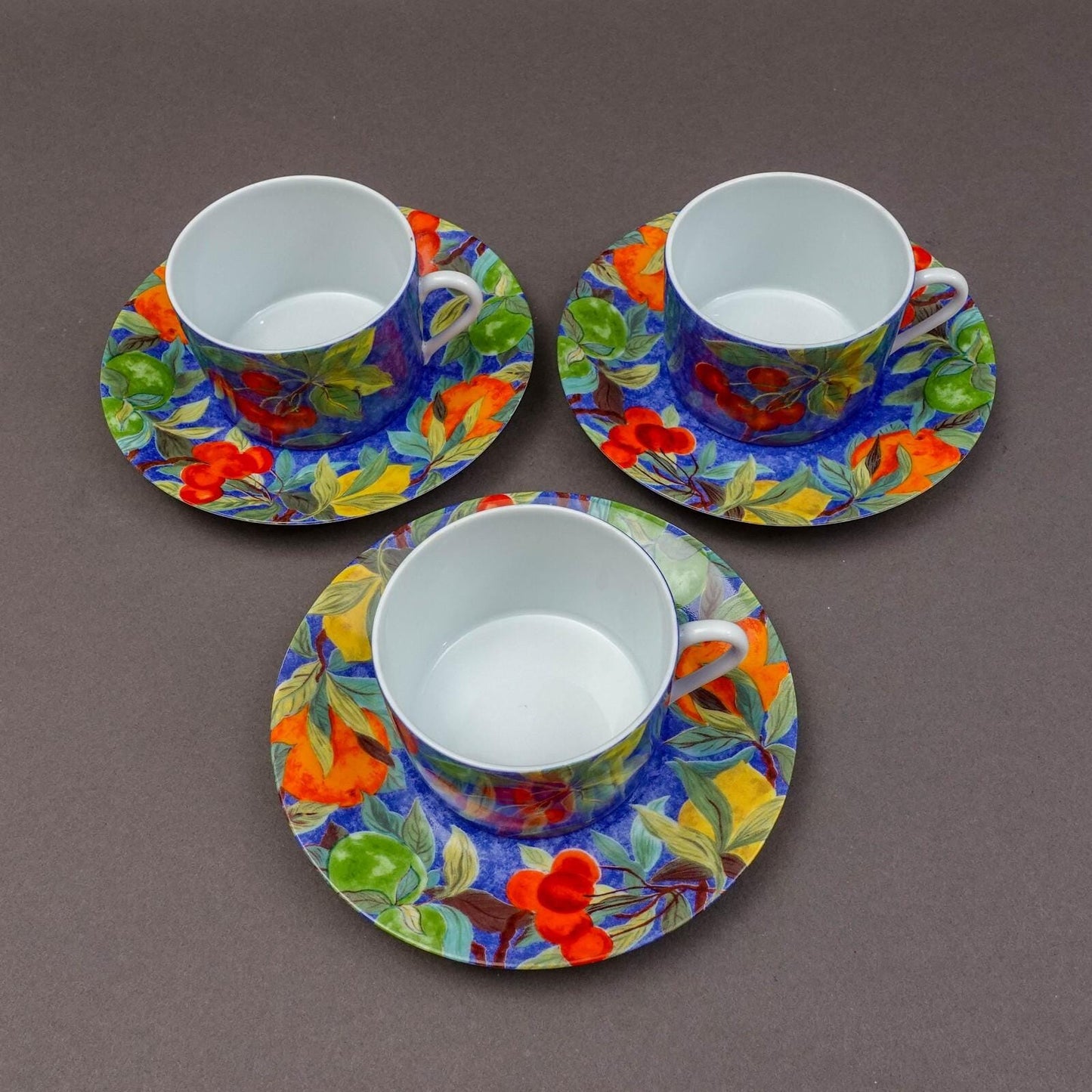 Laure Japy Paris Limoges France Jardin Bleu Fruit Flat Cup & Saucer Set Of 3