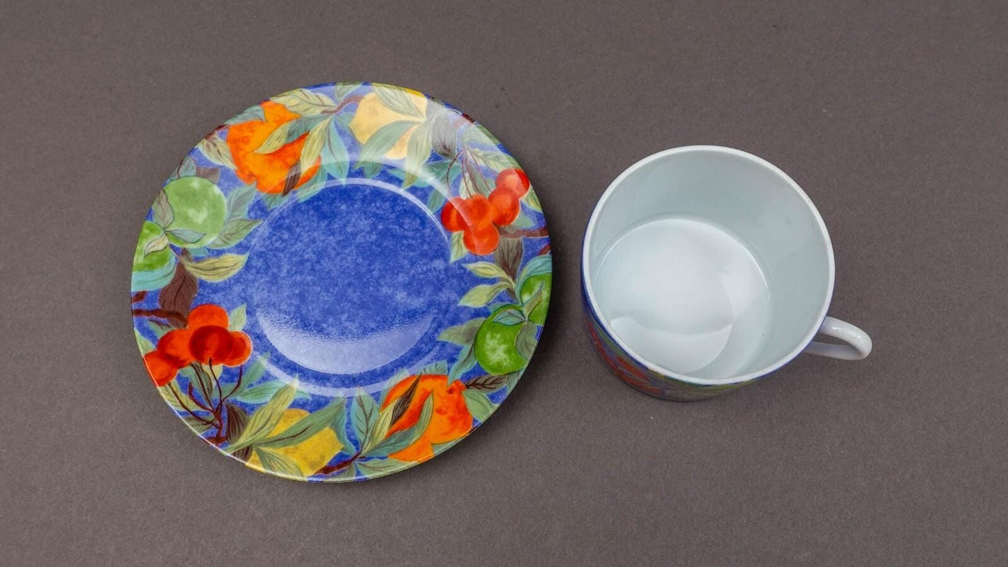 Laure Japy Paris Limoges France Jardin Bleu Fruit Flat Cup & Saucer Set Of 3