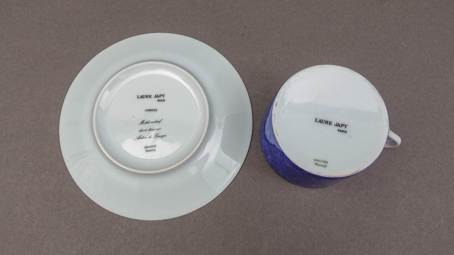 Laure Japy Paris Limoges France Jardin Bleu Fruit Flat Cup & Saucer Set Of 3