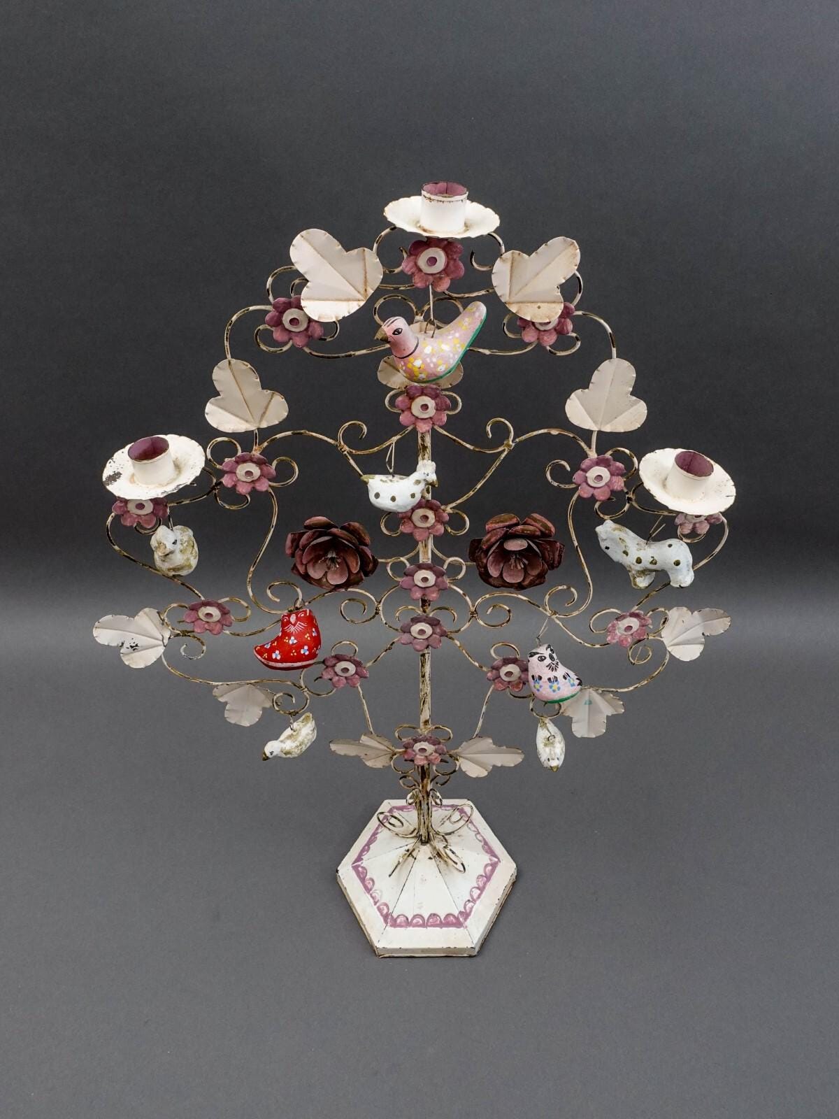 Mexican Vintage Folk Art Tree Of Life Toleware Metal Candelabra Sculpture 24"