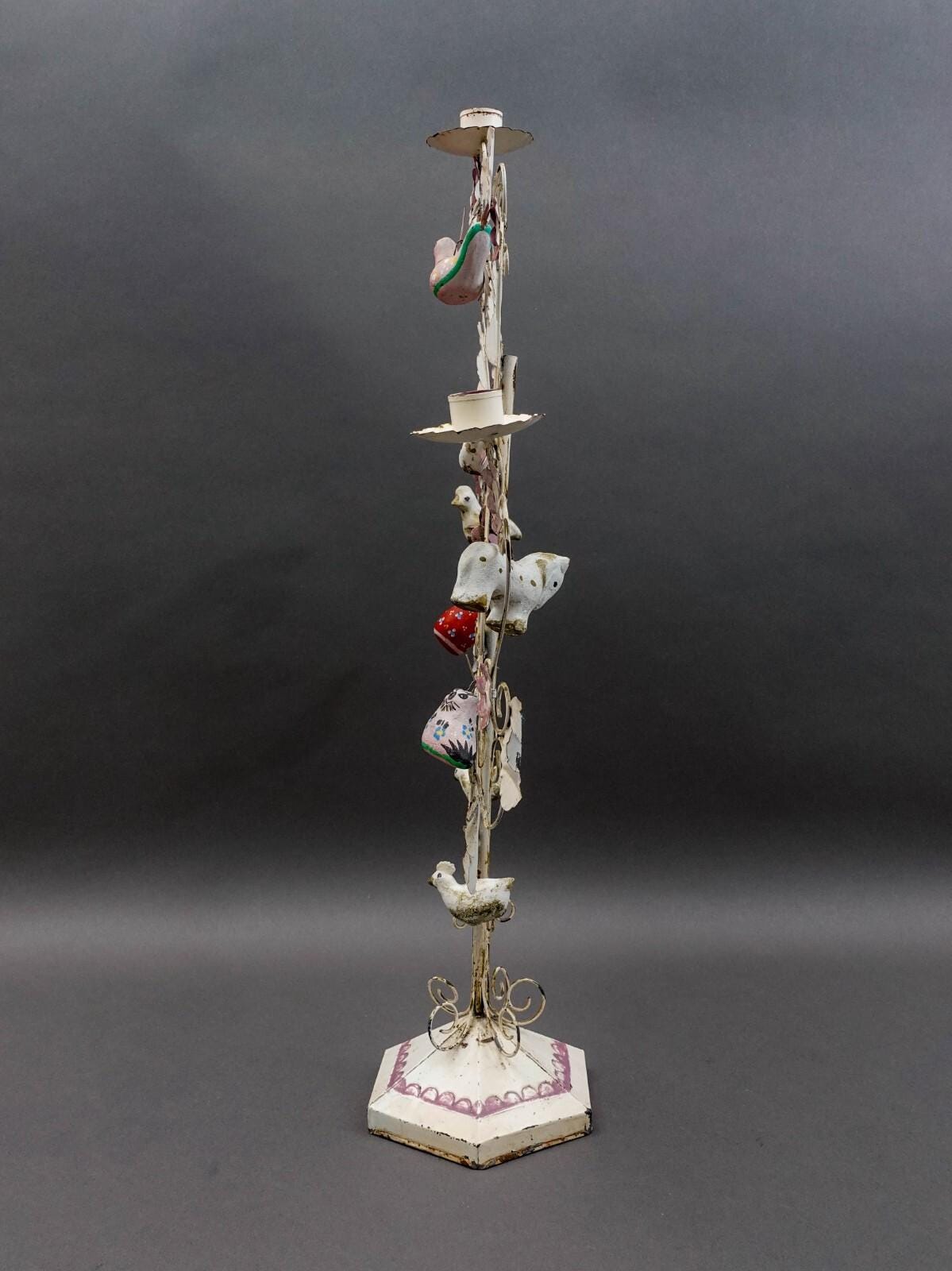Mexican Vintage Folk Art Tree Of Life Toleware Metal Candelabra Sculpture 24"