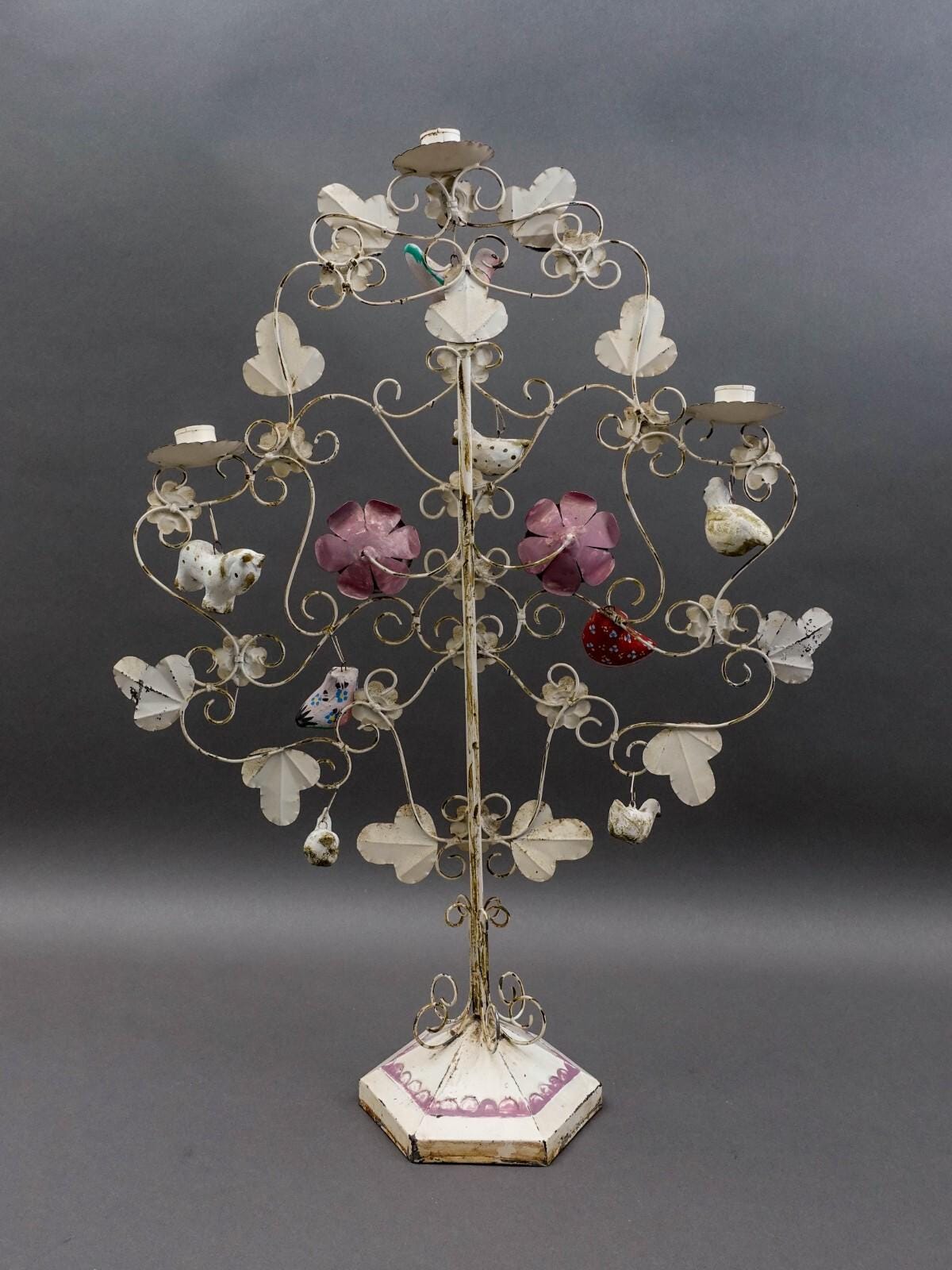 Mexican Vintage Folk Art Tree Of Life Toleware Metal Candelabra Sculpture 24"