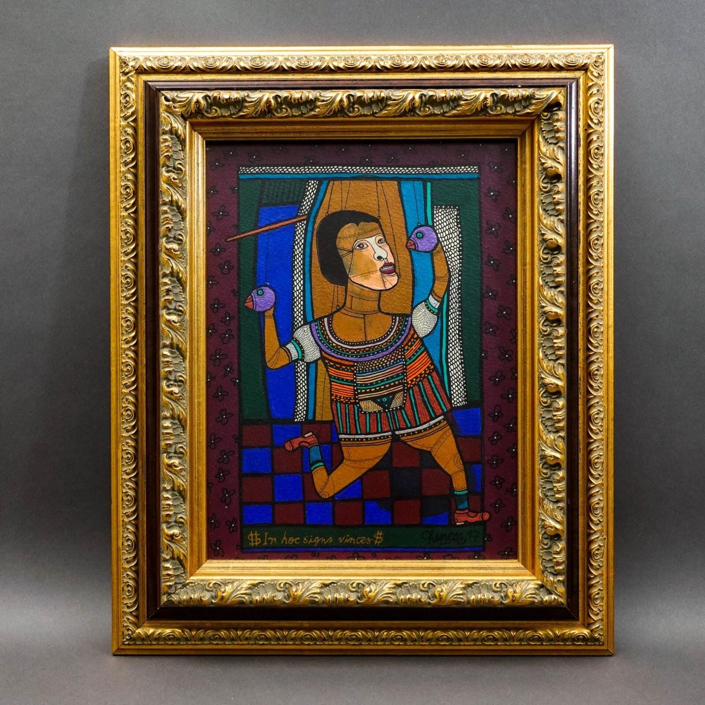 Chenco Columbian Artist "In Hoc Signo Vinces" Acrylic On Paper Painting 1997