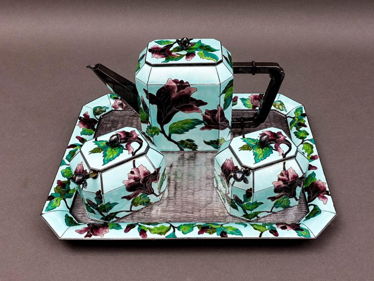 Vintage Korean .999 Fine Silver Cloisonne Enameled Floral Tea Service Set