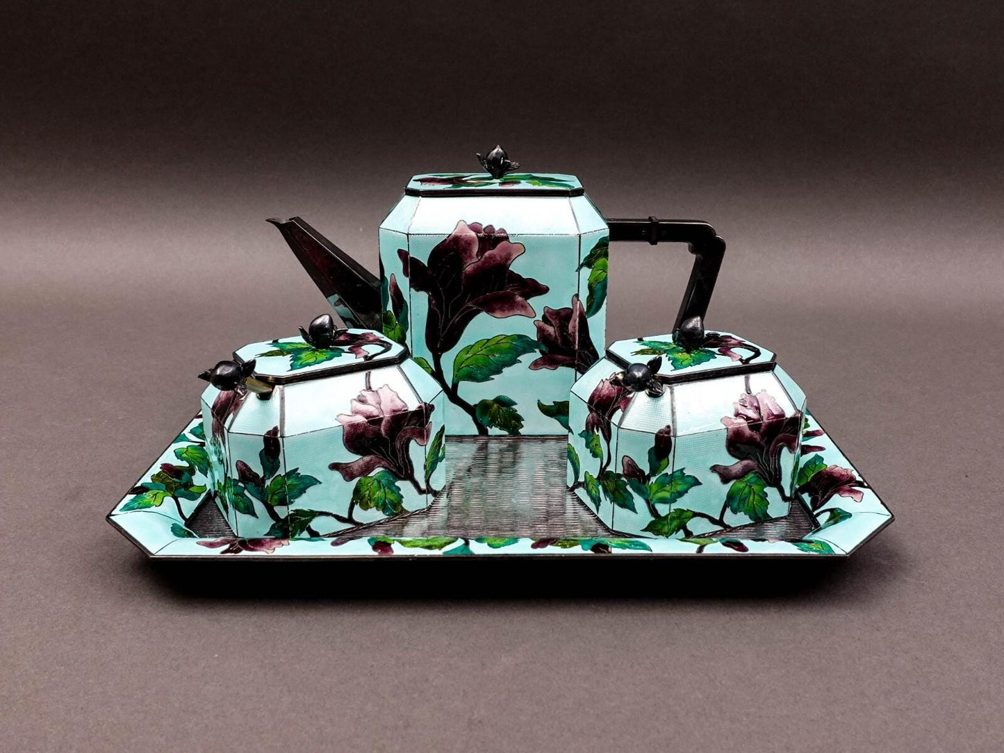 Vintage Korean .999 Fine Silver Cloisonne Enameled Floral Tea Service Set