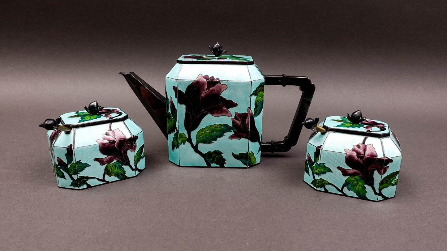 Vintage Korean .999 Fine Silver Cloisonne Enameled Floral Tea Service Set