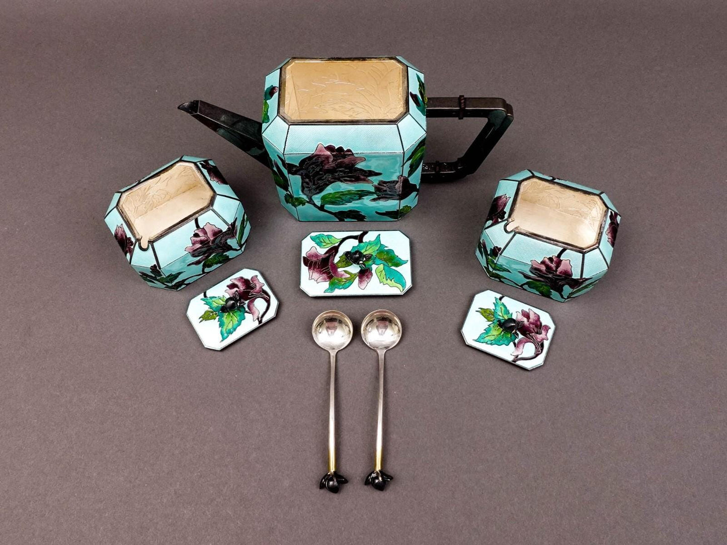 Vintage Korean .999 Fine Silver Cloisonne Enameled Floral Tea Service Set