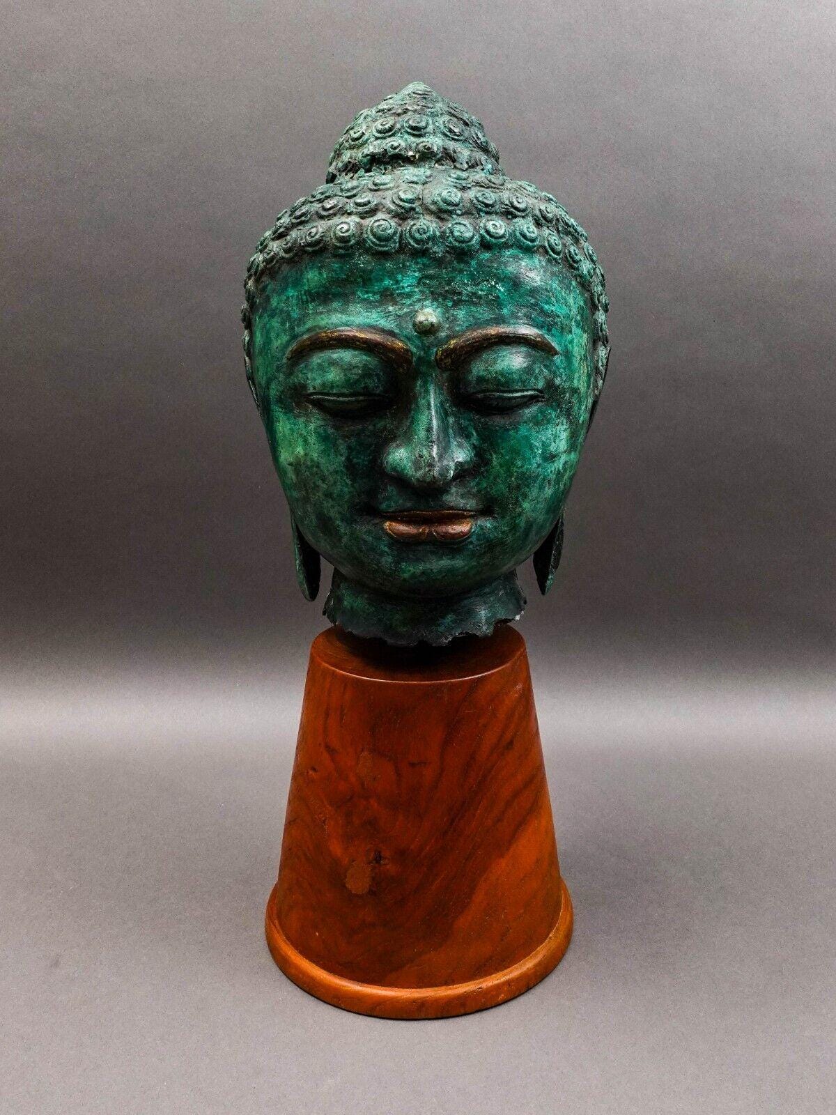 Southeast Asian Thai Large Lifesize Bronze Head Of Buddha On Wood Base Sculpture