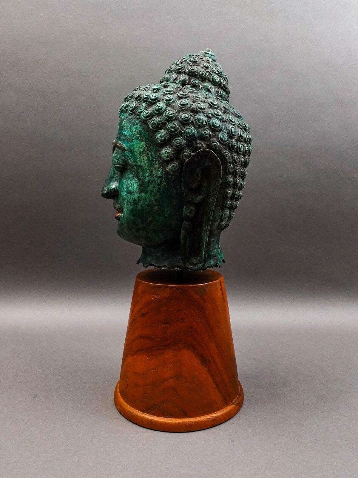 Southeast Asian Thai Large Lifesize Bronze Head Of Buddha On Wood Base Sculpture