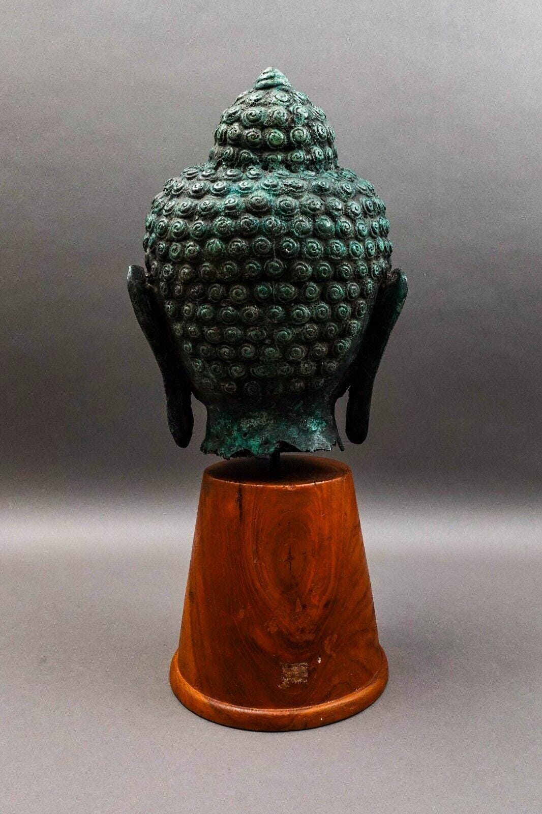 Southeast Asian Thai Large Lifesize Bronze Head Of Buddha On Wood Base Sculpture