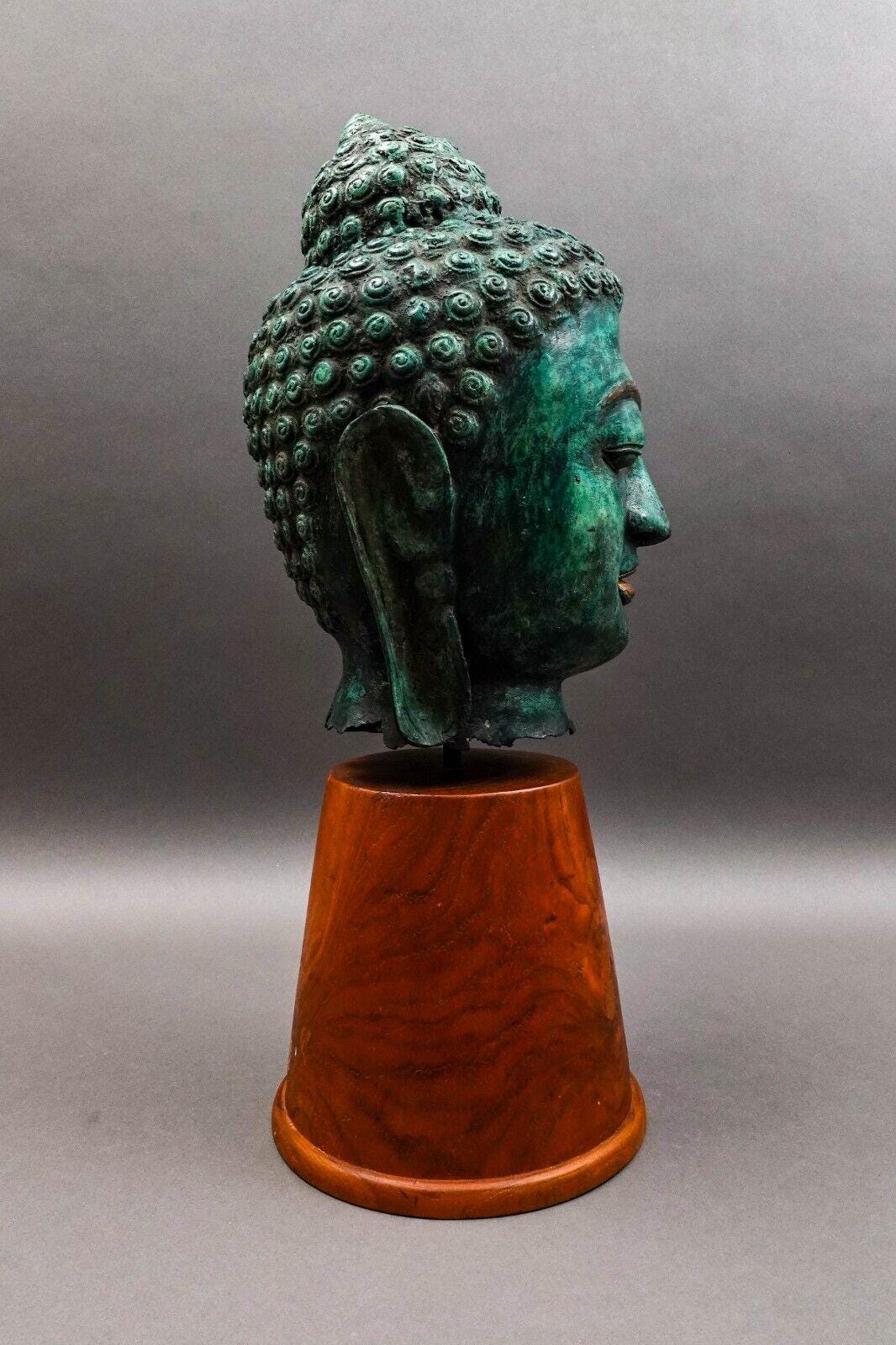 Southeast Asian Thai Large Lifesize Bronze Head Of Buddha On Wood Base Sculpture