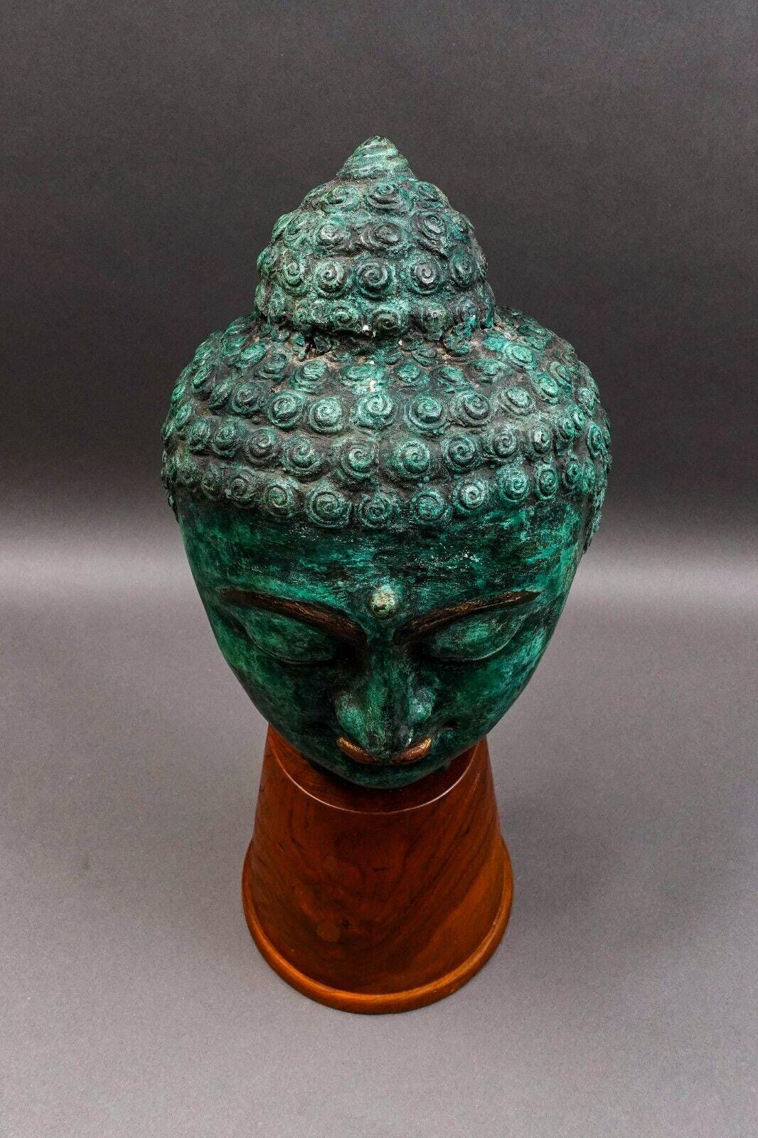 Southeast Asian Thai Large Lifesize Bronze Head Of Buddha On Wood Base Sculpture